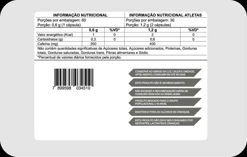 Rótulo do Caffeine: tabela nutricional e advertências