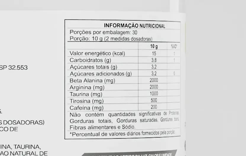Verso do pote de Xelement: tabela nutricional