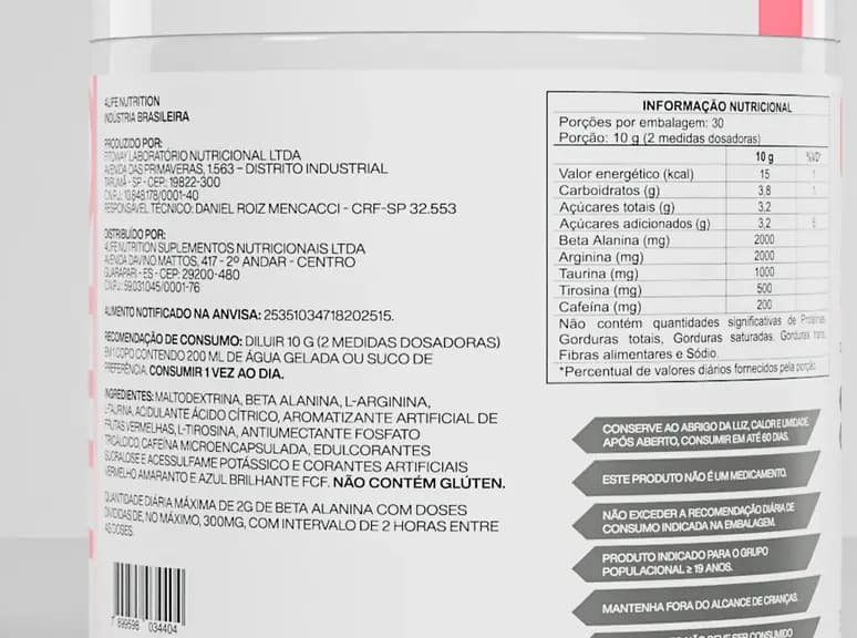 Verso do pote de Xelement sabor frutas vermelhas