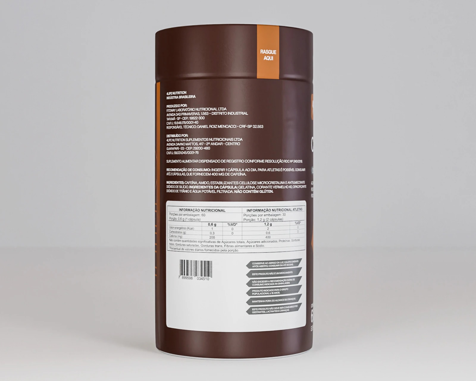 Verso do frasco de Caffeine, com a tabela nutricional e as advertências