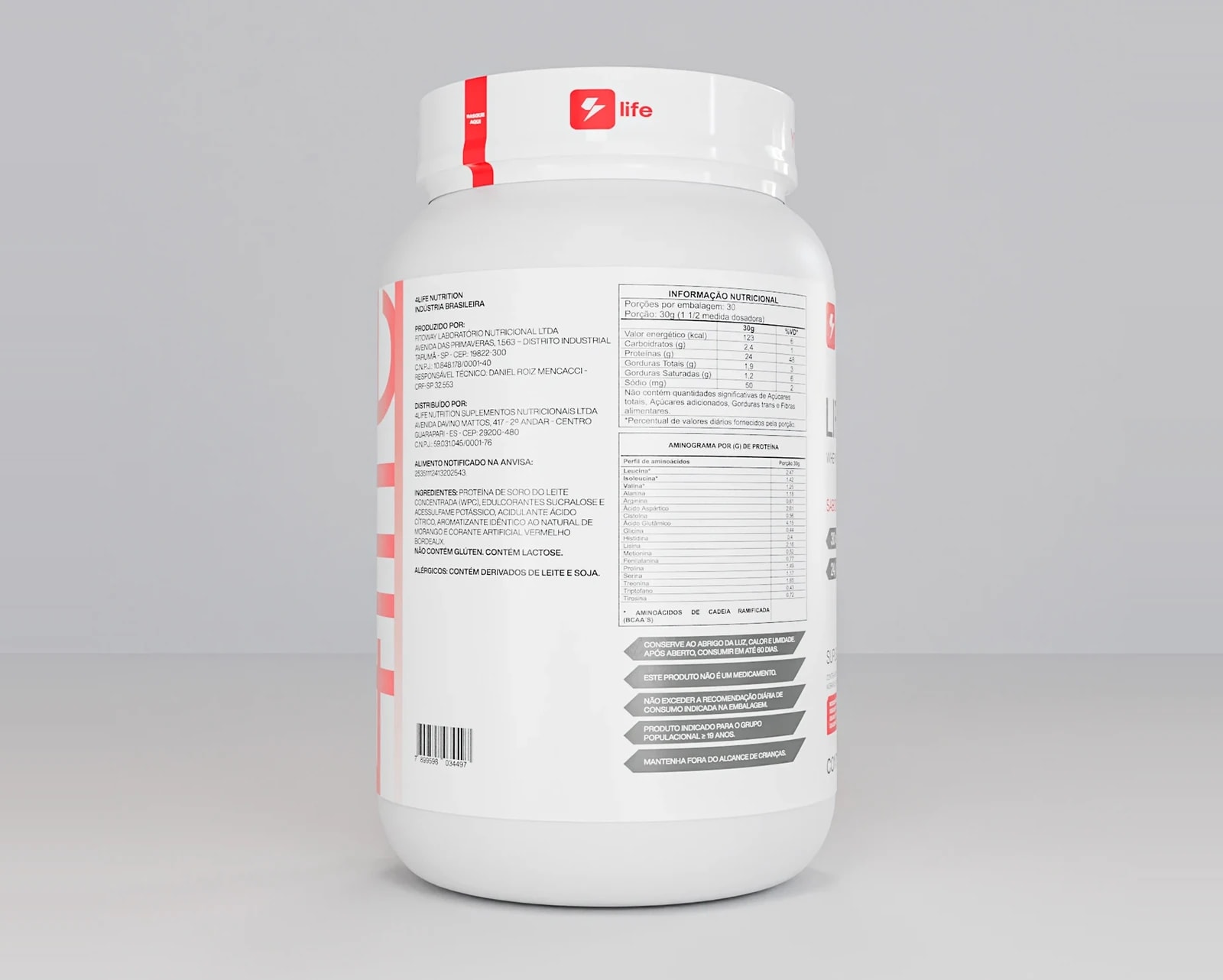 Verso do pote de Lifewhey sabor morango, com a tabela nutricional e o aminograma