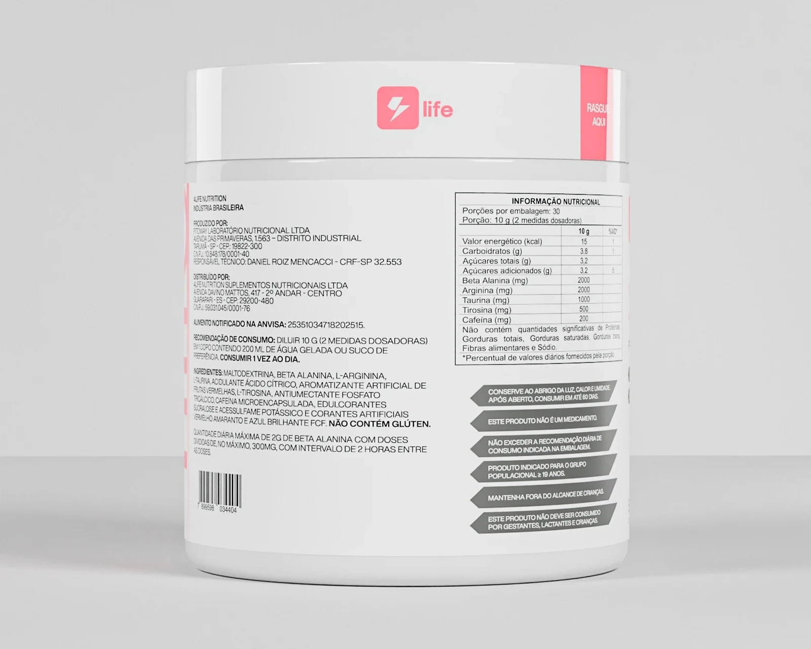 Verso do pote de Xelement sabor frutas vermelhas, com a tabela nutricional e as advertências