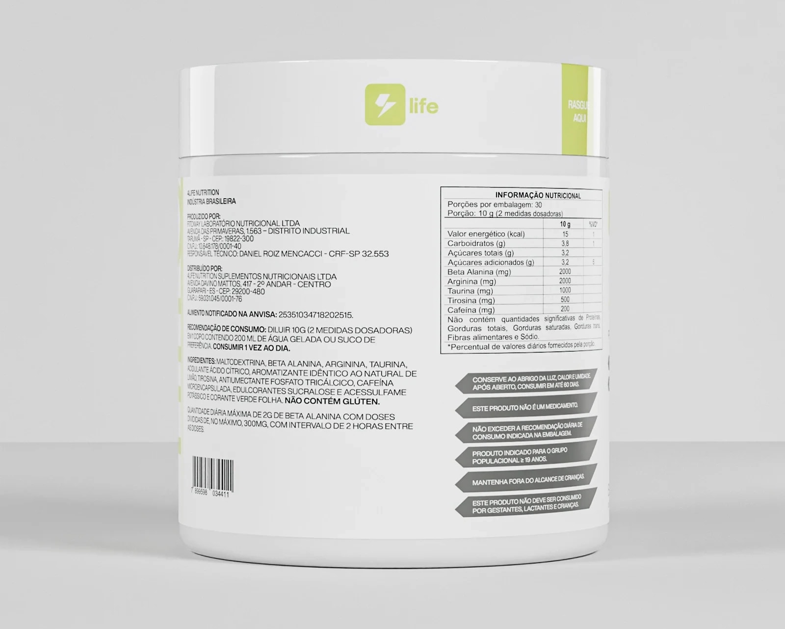 Verso do pote de Xelement sabor limão, com a tabela nutricional e as advertências