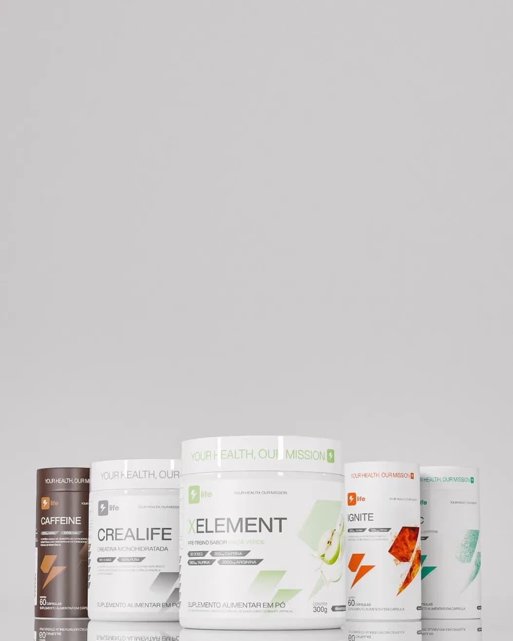 Linha de suplementos 4Life enfileirada — Caffeine, Crealife, XElement, Ignite e NAC.