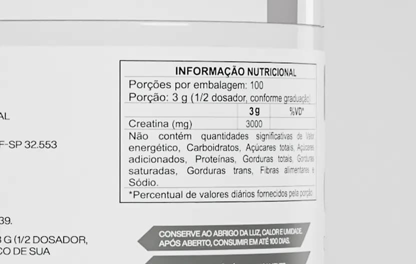 Verso do pote de Crealife: tabela nutricional