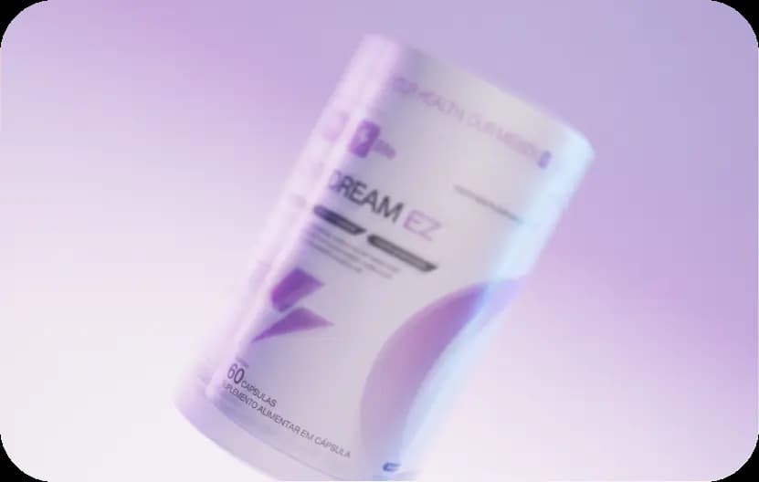 Frasco de Dream EZ desfocado sobre fundo lilás