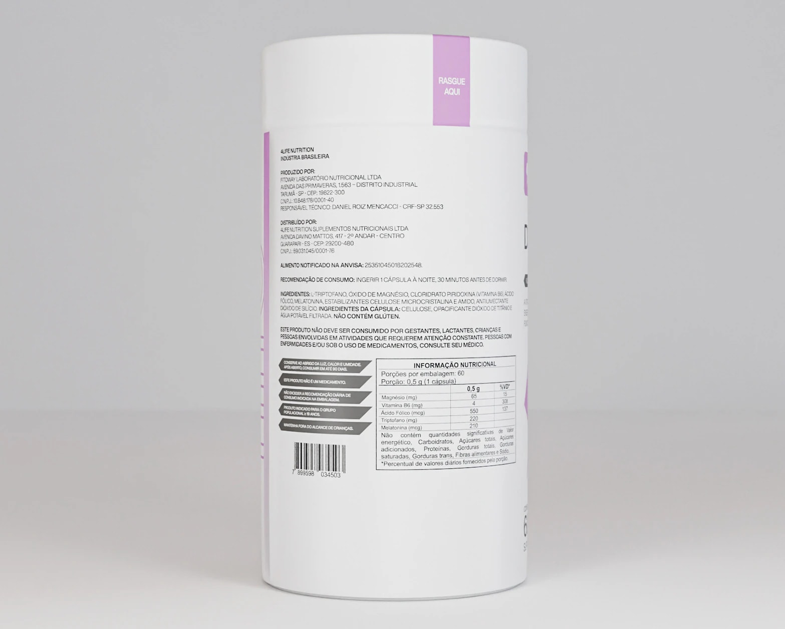 Verso do frasco de Dream EZ, com a tabela nutricional e as advertências