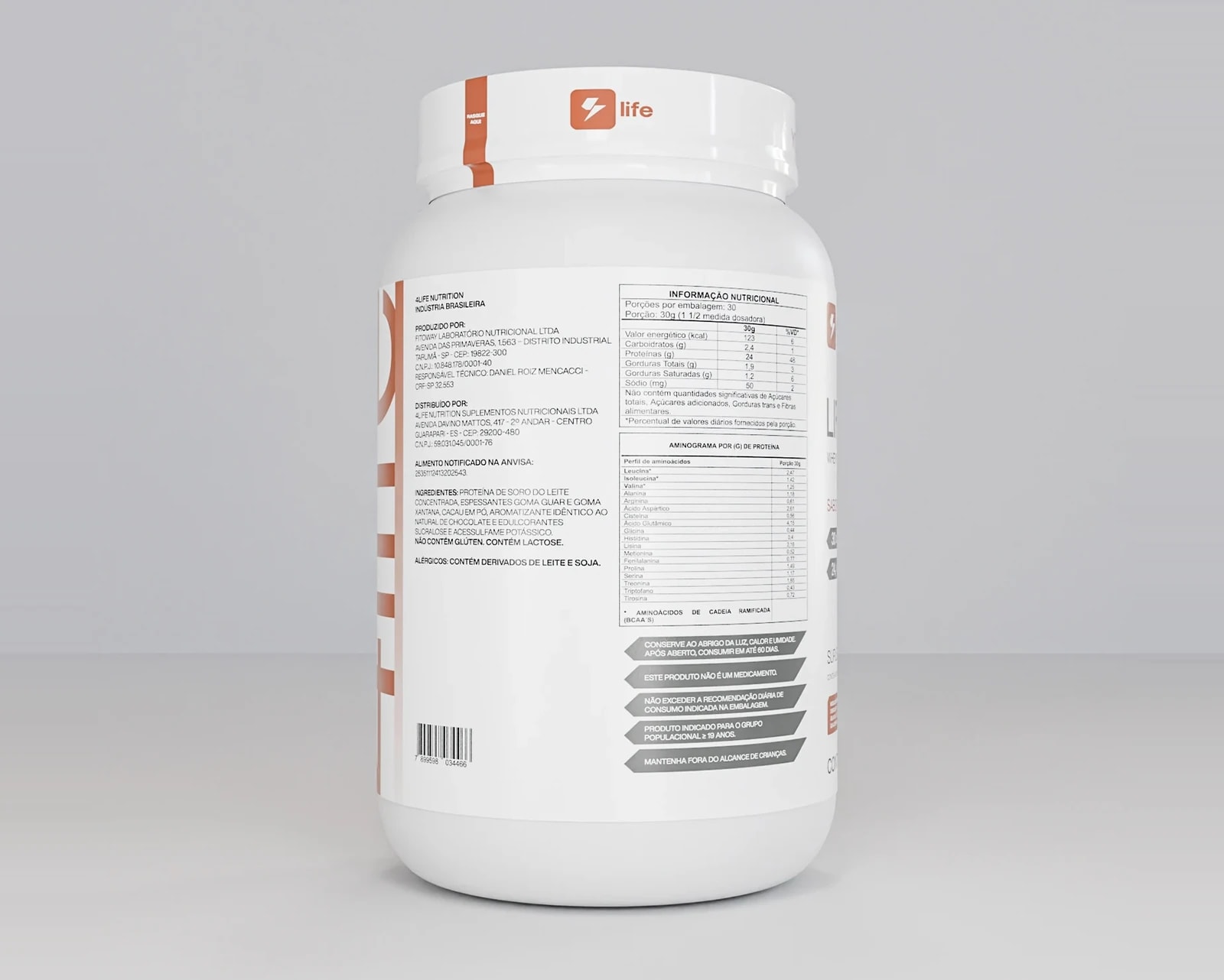 Verso do pote de Lifewhey sabor chocolate, com a tabela nutricional e o aminograma