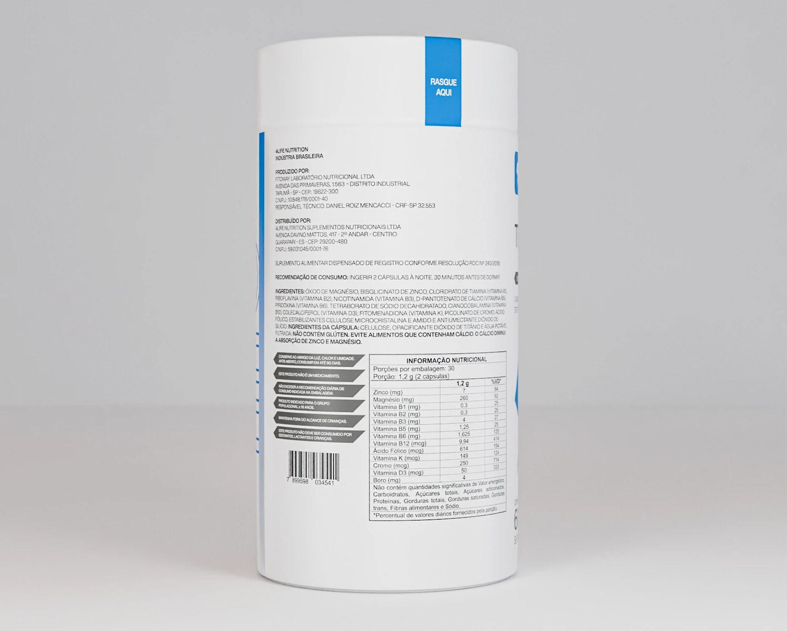Verso do frasco de Test It Up, com a tabela nutricional e as advertências